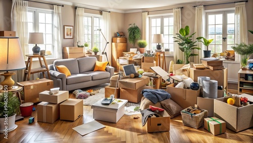 A cluttered living room filled with cardboard boxes, sofas, chairs, and lamps, amidst a chaotic scene of furniture rearrangement and household items in disarray.