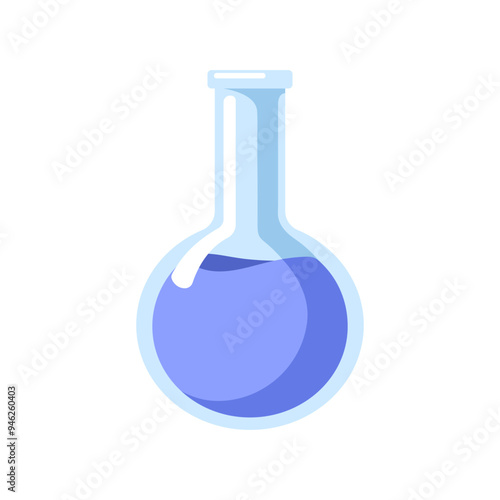 Laboratory flask with chemical liquid. Round-bottom lab glassware for chemistry, science experiment. Glass ware for scientific research. Flat cartoon vector illustration isolated on white background