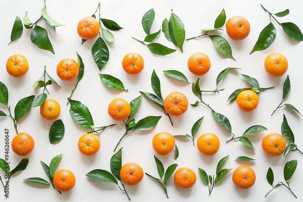Several Satsuma mandarins with branches and leaves on a white backdrop Several Satsuma mandarins with branches and leaves on a white backdrop
