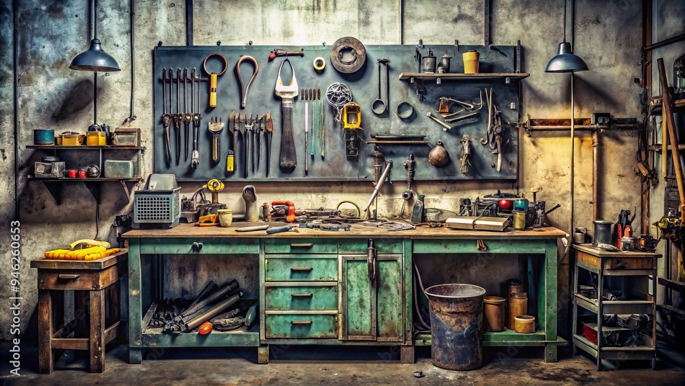 A cluttered workshop bench holds various tools and machinery parts, including wrenches, gears, and wires, amidst a backdrop of worn metal cabinets and concrete walls. A cluttered workshop bench holds various tools and machinery parts, including wrenches, gears, and wires, amidst a backdrop of worn metal cabinets and concrete walls.