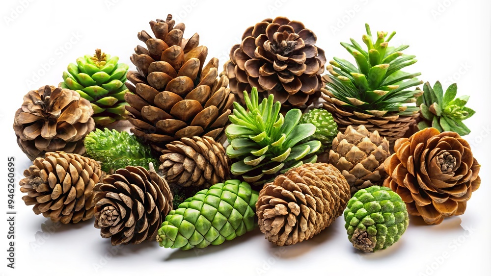 Obraz premium A collection of brown and green pine cones of various sizes and shapes scattered against a pure white background, showcasing natural texture and earthy beauty.