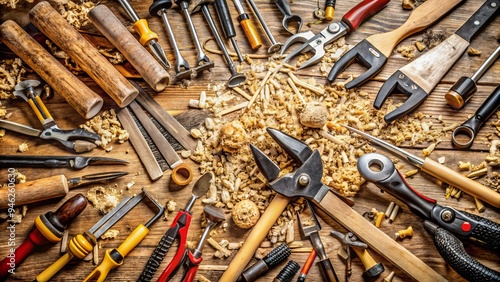 A cluttered workshop floor is littered with various hand tools, including wrenches, pliers, hammers, and screwdrivers, surrounded by scattered wood shavings and metal scraps.