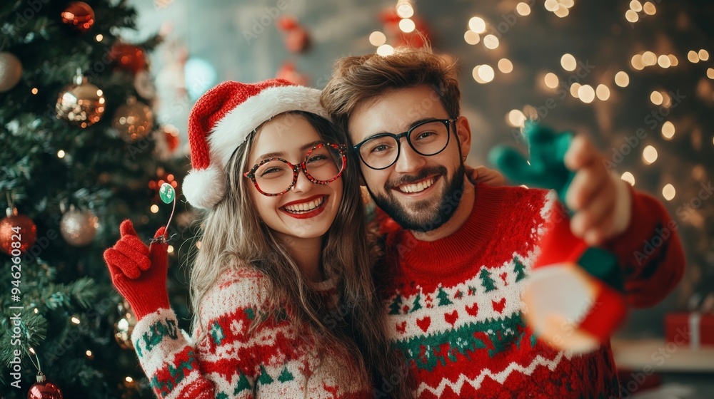 Couple in festive sweaters pose with party props by a Christmas tree at home. Couple in festive sweaters pose with party props by a Christmas tree at home.