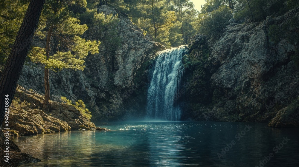 Fototapeta premium Waterfall cascading into a tranquil lagoon surrounded by lush greenery.