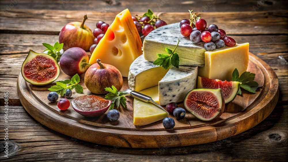 A colorful arrangement of artisanal cheeses, garnished with fresh grapes and figs, sits atop a rustic wooden board, celebrating the richness of dairy delights. A colorful arrangement of artisanal cheeses, garnished with fresh grapes and figs, sits atop a rustic wooden board, celebrating the richness of dairy delights.