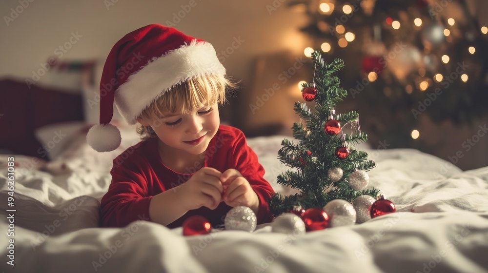 Boy in Santa hat decorates tree on bed. Boy in Santa hat decorates tree on bed.