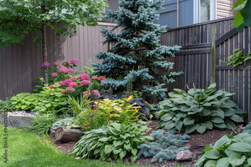 Small Canadian garden in summer with blue spruces hosta astilbes and azaleas Small Canadian garden in summer with blue spruces hosta astilbes and azaleas