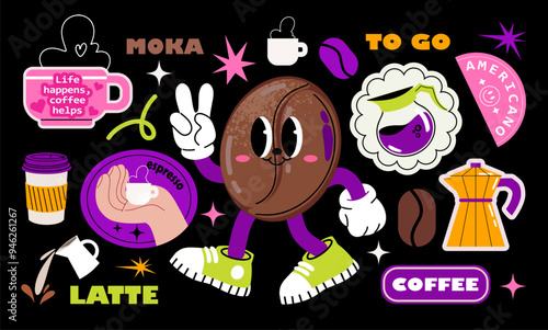 Retro coffee stickers in groovy psychedelic acid style. Retro coffee bean character, cup, coffee pot, kettle, paper cup. Vector clip art isolated on black