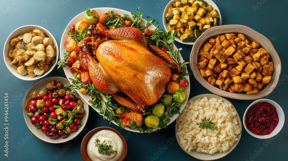 An overhead shot of a Thanksgiving feast, capturing every dish in vivid detail, from the turkey to the cranberry sauce An overhead shot of a Thanksgiving feast, capturing every dish in vivid detail, from the turkey to the cranberry sauce