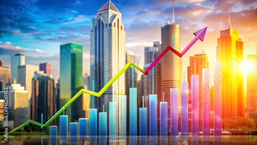 A colorful business graph illustrating economic growth, with rising arrows and columns, set against a blurred cityscape background, conveying financial success and prosperity.