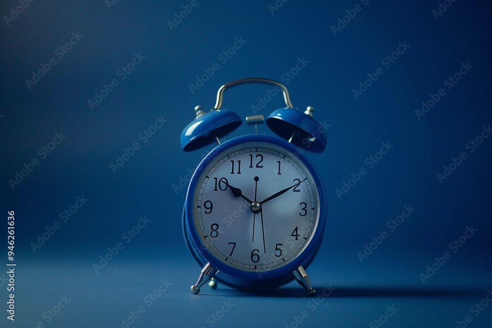 Blue color old fashioned bell alarm clock isolated on blue background Blue color old fashioned bell alarm clock isolated on blue background