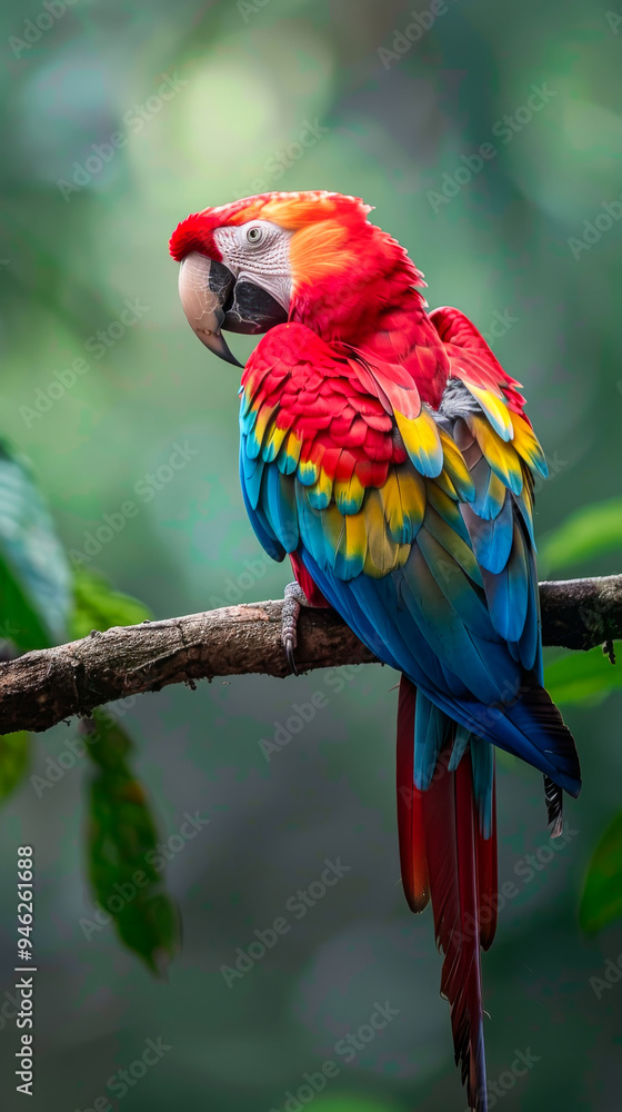 Fototapeta premium A vibrant scarlet macaw perched on a branch surrounded by lush greenery in a tropical rainforest during midday