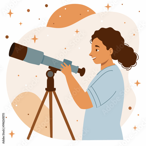 Female Astronomer Observing the Stars with a Telescope