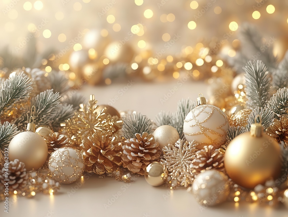 elegant 3d rendering of a festive frame adorned with twinkling lights shimmering ornaments and delicate snowflakes in gold and white elegant 3d rendering of a festive frame adorned with twinkling lights shimmering ornaments and delicate snowflakes in gold and white