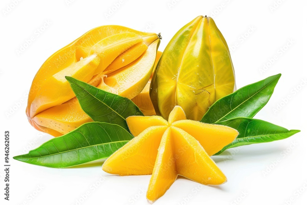 Fototapeta premium Star fruit with leaves isolated on white background