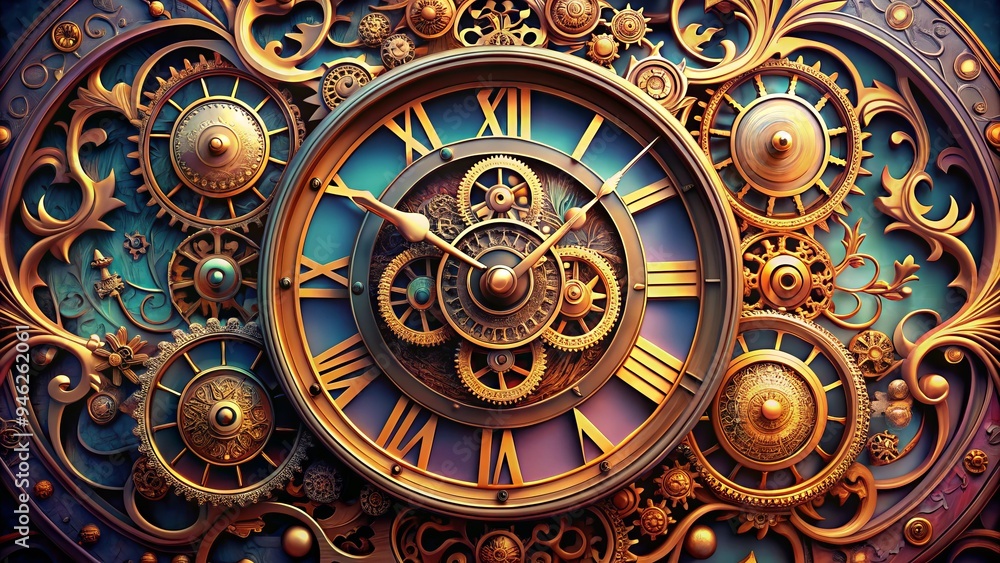 A colorful illustration of a mechanical clock face with intricately designed gears and Roman numerals, surrounded by ornate scrollwork and elegant curlicue details. A colorful illustration of a mechanical clock face with intricately designed gears and Roman numerals, surrounded by ornate scrollwork and elegant curlicue details.