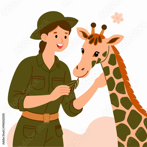 Female Zookeeper Feeding a Giraffe in Safari Attire