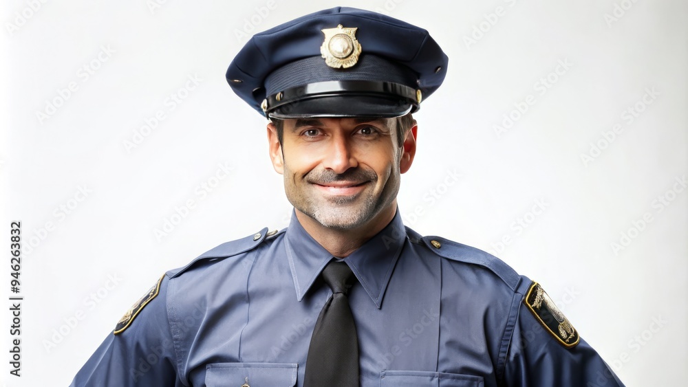 A confidently standing law enforcement professional in a crisp uniform and hat, with a friendly yet authoritative expression, against a clean white background. A confidently standing law enforcement professional in a crisp uniform and hat, with a friendly yet authoritative expression, against a clean white background.