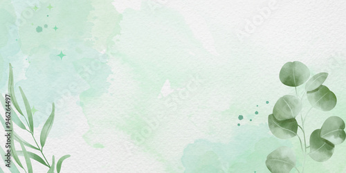 Abstract watercolor splash wash pastel green texture with green leaf background