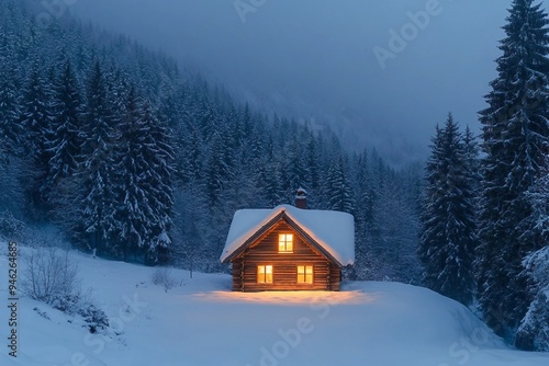 Fantastic winter landscape with glowing wooden cabin in snowy forest. Cozy house in Carpathian mountains. Christmas holiday concept