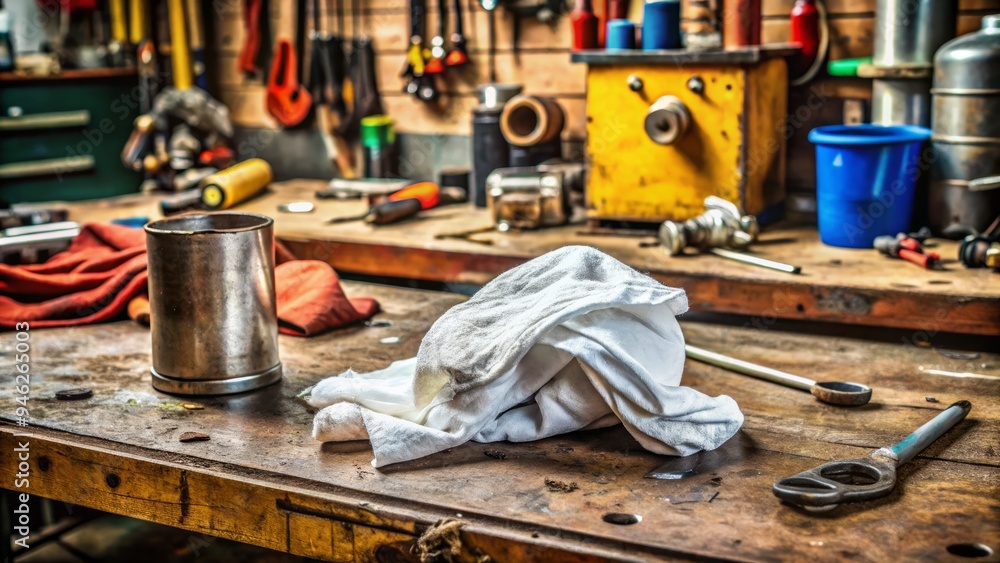 A crumpled, absorbent cloth wipe lies on a workbench amidst scattered tools and oil cans, evoking a sense of industriousness and hands-on labor. A crumpled, absorbent cloth wipe lies on a workbench amidst scattered tools and oil cans, evoking a sense of industriousness and hands-on labor.