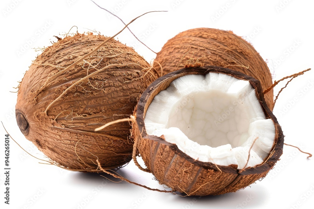 Various coconuts in sharp focus on white background real photo Various coconuts in sharp focus on white background real photo