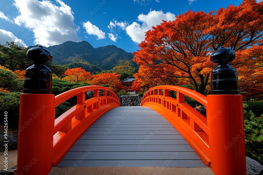 Japanese vermillion bridge at the entrance of a sacred site, depicted in an artwork that combines vibrant color with spiritual significance Japanese vermillion bridge at the entrance of a sacred site, depicted in an artwork that combines vibrant color with spiritual significance