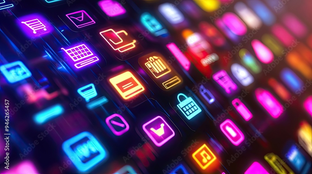 E-commerce icons on a touch screen interface, abstract design, space for copy E-commerce icons on a touch screen interface, abstract design, space for copy