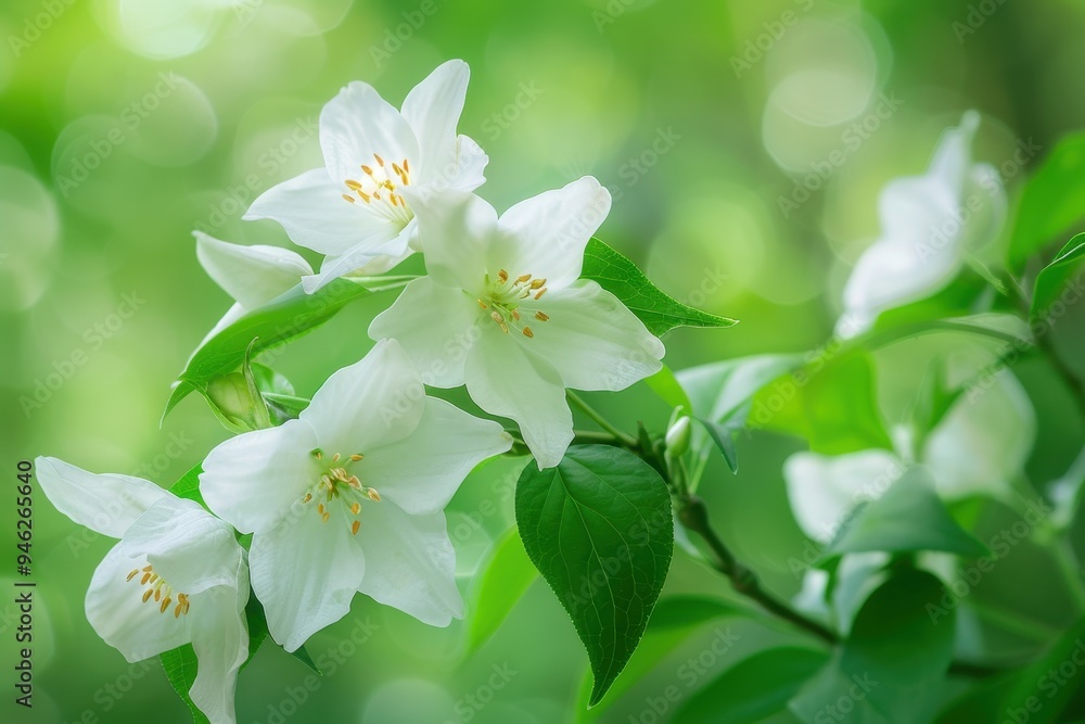 Fototapeta premium White four petaled flowers on branches in May June