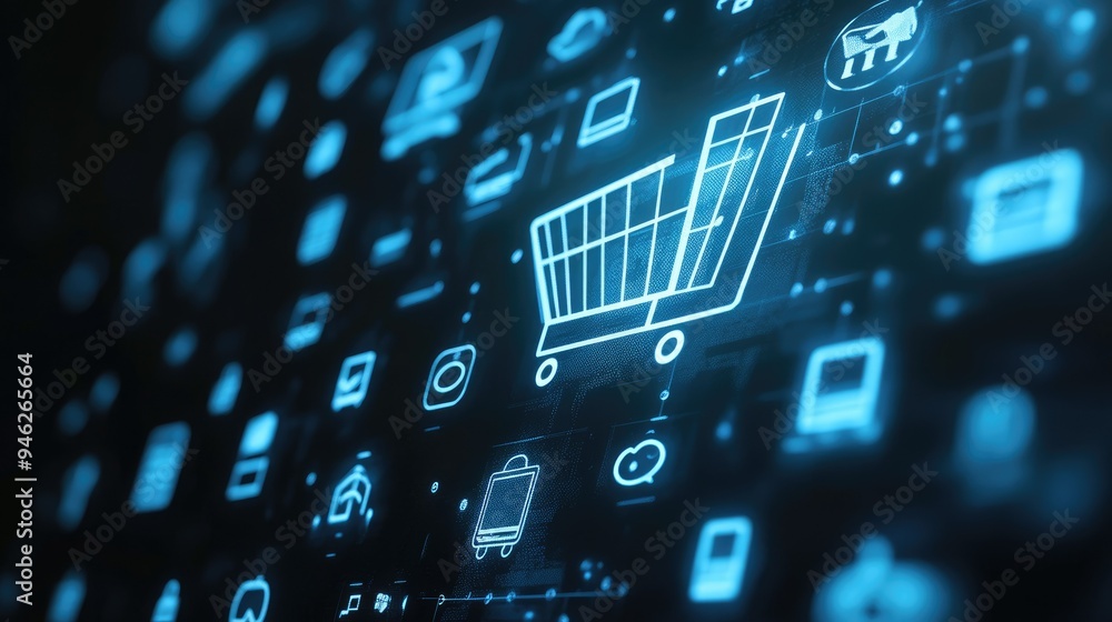 E-commerce symbols on a virtual interface no people clean space for copy E-commerce symbols on a virtual interface no people clean space for copy