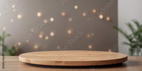 Modern Wooden Circular Stage on Neutral Background for Minimalist Designs. photo