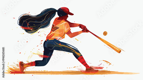 Woman Playing Baseball Mixed Media Flat Vector Isolate