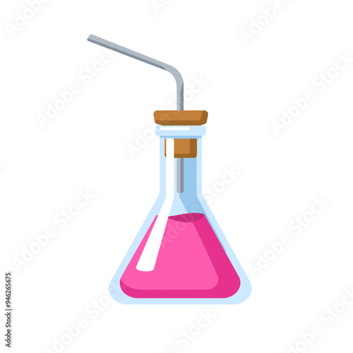 Erlenmeyer flask. Chemical laboratory glassware with bent tube and stopper. G...