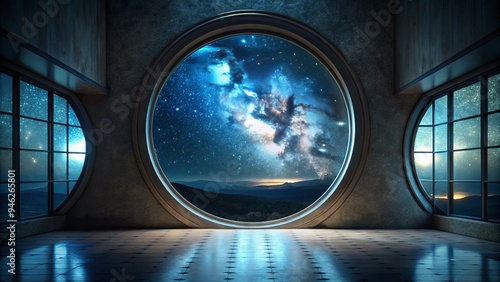 A dark and mysterious space with a large circular window looks out into the starry night sky, illuminated by a faint blue glow.
