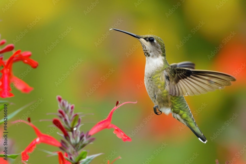 Fototapeta premium Young male hummingbird eating cardinal flower