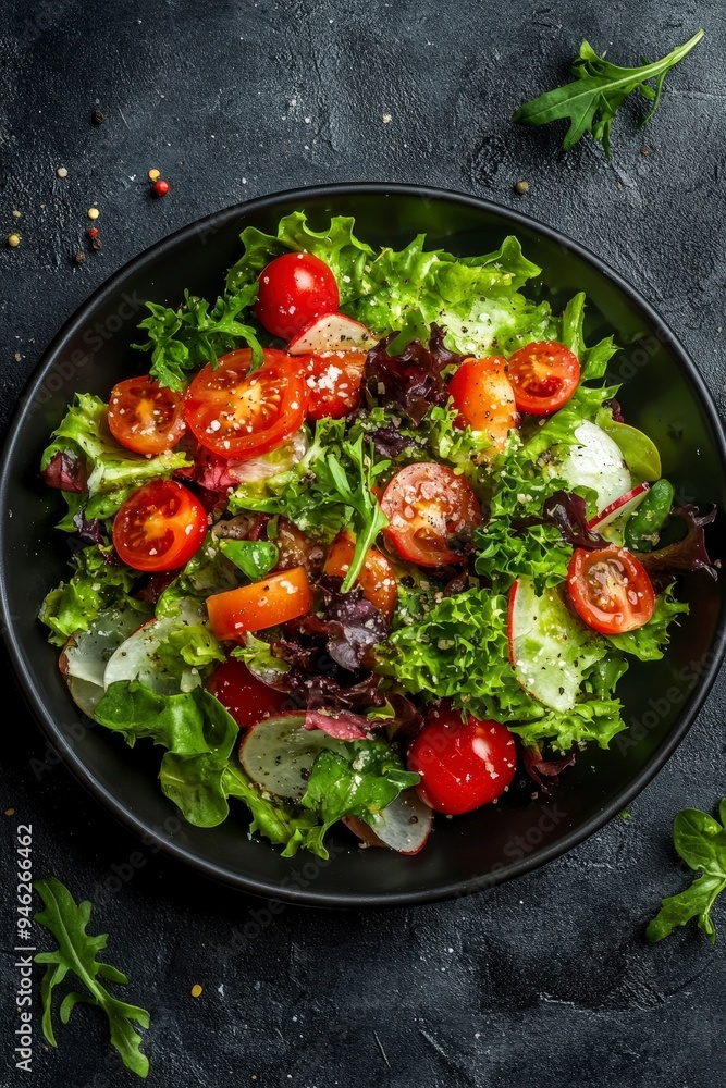 A vibrant salad featuring fresh greens, tomatoes, and cucumbers in a black bowl. A vibrant salad featuring fresh greens, tomatoes, and cucumbers in a black bowl.