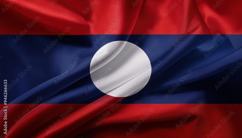 Close-up of the Laotian flag with flowing fabric texture.