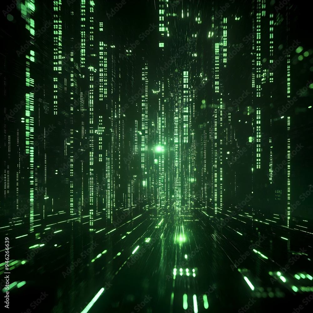 Obraz premium Glowing Digital Matrix with Flowing Green Binary Code and Black Techno Background