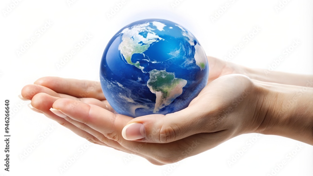 A delicate hand cradles a serene blue globe, symbolizing care, protection, and harmony with the environment, on a neutral white background. A delicate hand cradles a serene blue globe, symbolizing care, protection, and harmony with the environment, on a neutral white background.