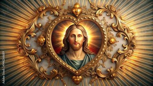 A delicate heart-shaped ornate frame surrounds a serene depiction of Christ, adorned with intricate golden details and subtle rays of light, conveying devotion and faith. photo