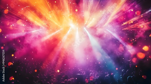 Vibrant Burst of Light Rays on Concert Stage in Energetic and Lively Atmosphere