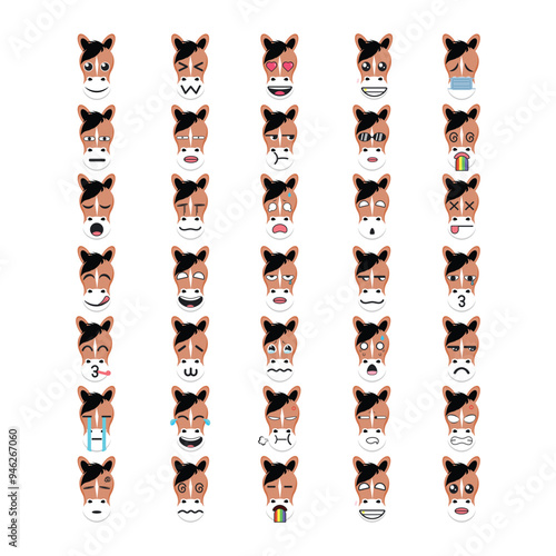 Brown horse emoji set, Horse stickers, faces, vector style for Print on T-Shirts, Posters, Creating Logos, patterns, web designs and Social Media