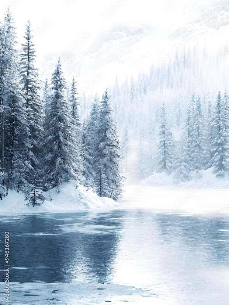 Fototapeta premium Serene Winter Landscape of Frozen Lake and Snow Covered Pine Forest