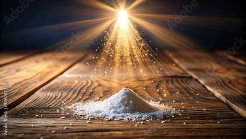 A delicate pinch of salt and a radiant beam of light converge on a rustic wooden table, symbolizing hope, guidance, and preservation in a serene atmosphere.