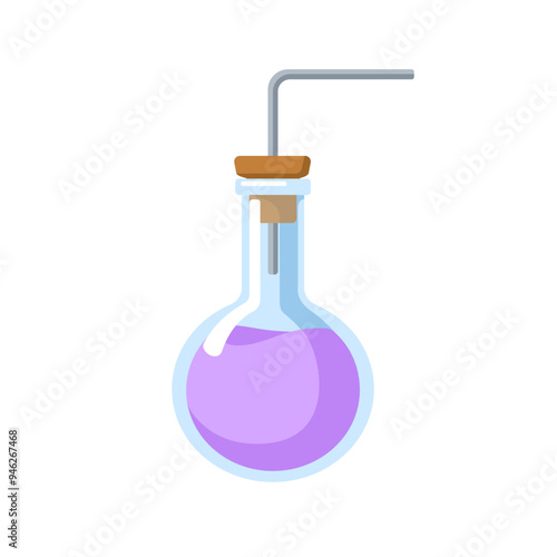 Round-bottom lab flask. Chemical laboratory glassware with liquid, bent metal tube and cork stopper. Chemistry science experiment. Flat cartoon vector illustration isolated on white background