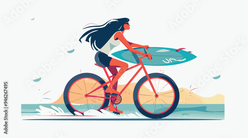 Active Woman Riding Bicycle with Surfboard in Modern Flat Character Style