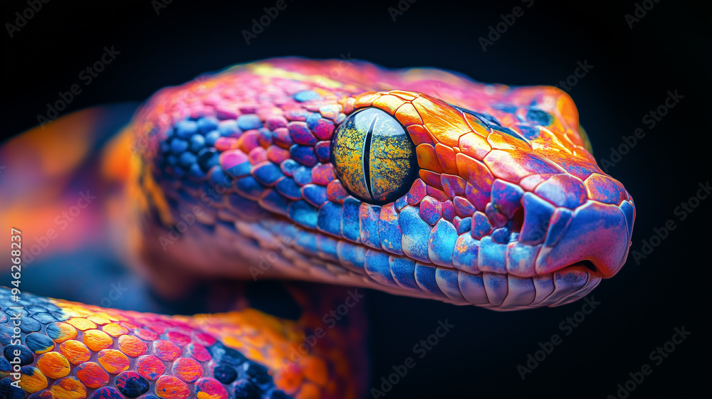 Abstract animal viper snake with colorful paint on skin and scales, bright colors Abstract animal viper snake with colorful paint on skin and scales, bright colors