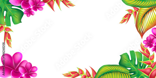 jungle flower,leaves  tropic banner design. Palm leaf, monstera, pink plumeria flower,hibiscus blossom, exotic tropical summer flowers and leaves.
