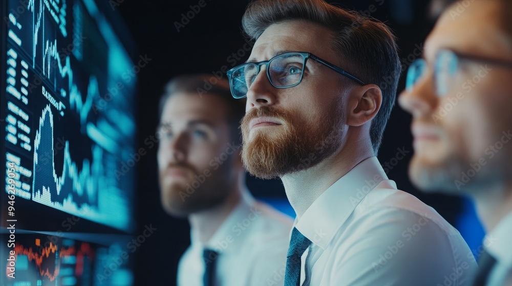 Fototapeta premium Financial Professionals Engage in Strategic Market Discussion, Analyzing Charts on Wall Display, Preparing for Market Shifts