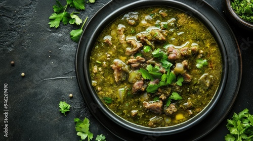 Flat lay of a plate of chile verde, rich and savory, ample space for text photo